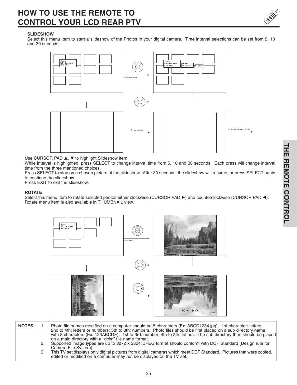 How to use the remote to control your lcd rear ptv, The remote control | Hitachi 70VX915 User Manual | Page 35 / 92