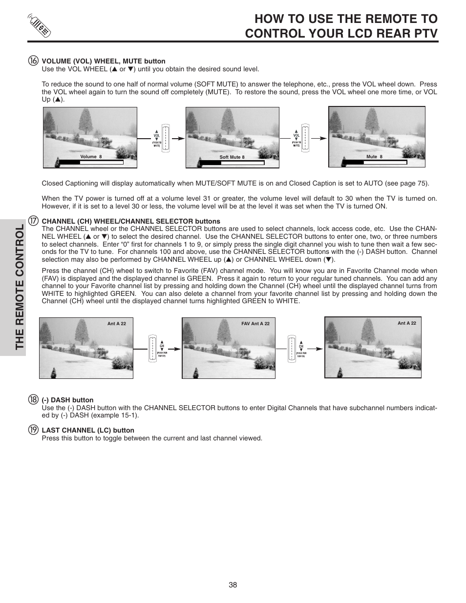 How to use the remote to control your lcd rear ptv, The remote control | Hitachi 70VX915 User Manual | Page 38 / 92