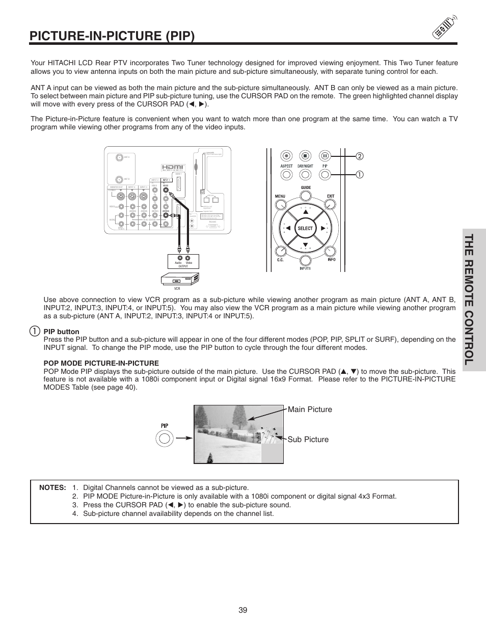 Picture-in-picture (pip), The remote control, Main picture sub picture | Hitachi 70VX915 User Manual | Page 39 / 92
