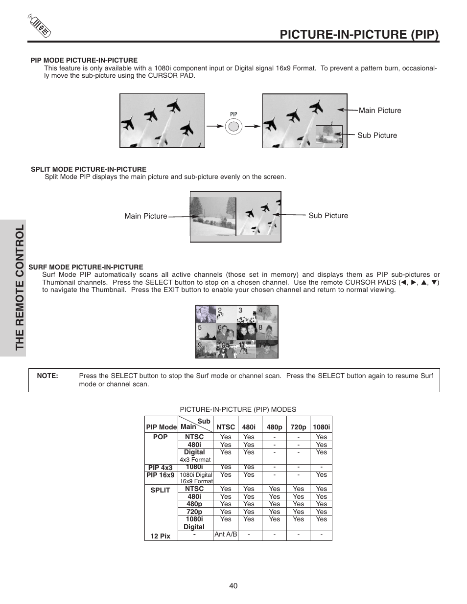 Picture-in-picture (pip), The remote control | Hitachi 70VX915 User Manual | Page 40 / 92