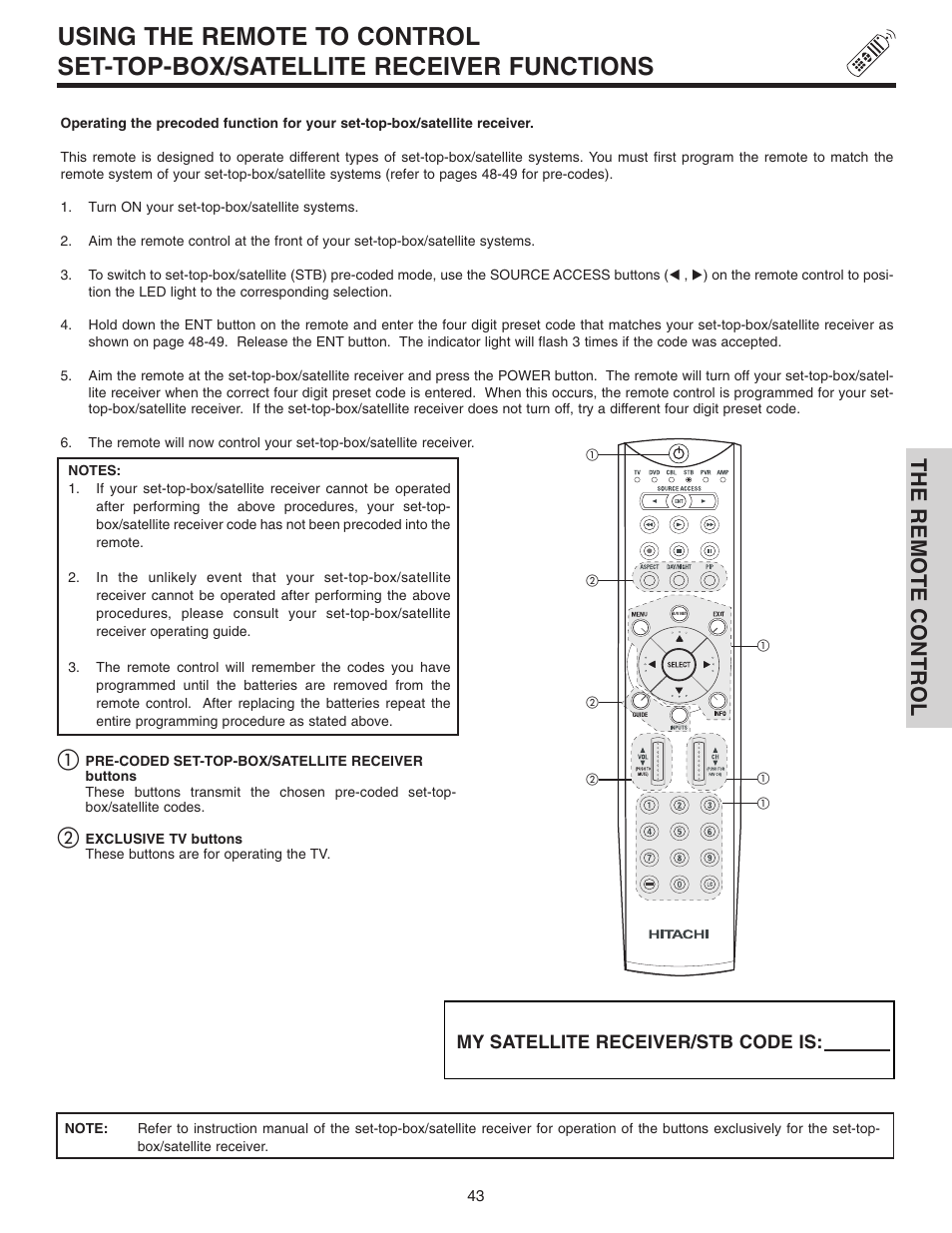 The remote control, My satellite receiver/stb code is | Hitachi 70VX915 User Manual | Page 43 / 92