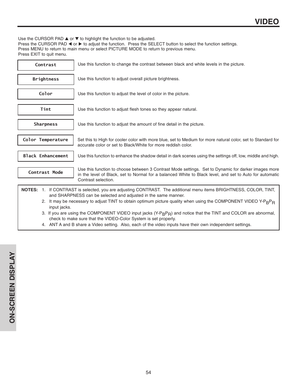Video, On-screen displa y | Hitachi 70VX915 User Manual | Page 54 / 92