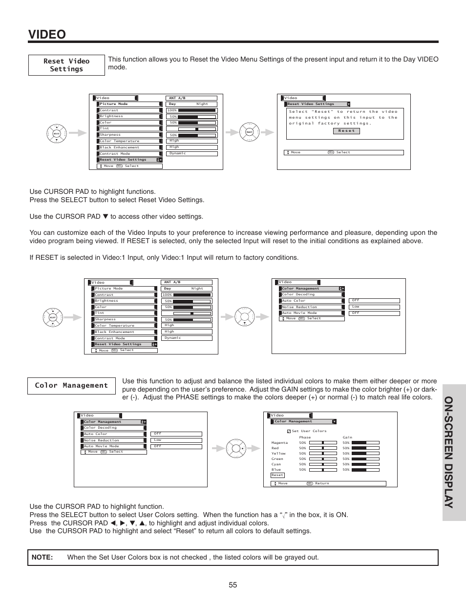 Video, On-screen displa y | Hitachi 70VX915 User Manual | Page 55 / 92