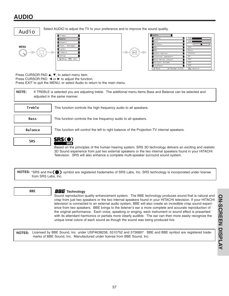 Audio, On-screen displa y | Hitachi 70VX915 User Manual | Page 57 / 92