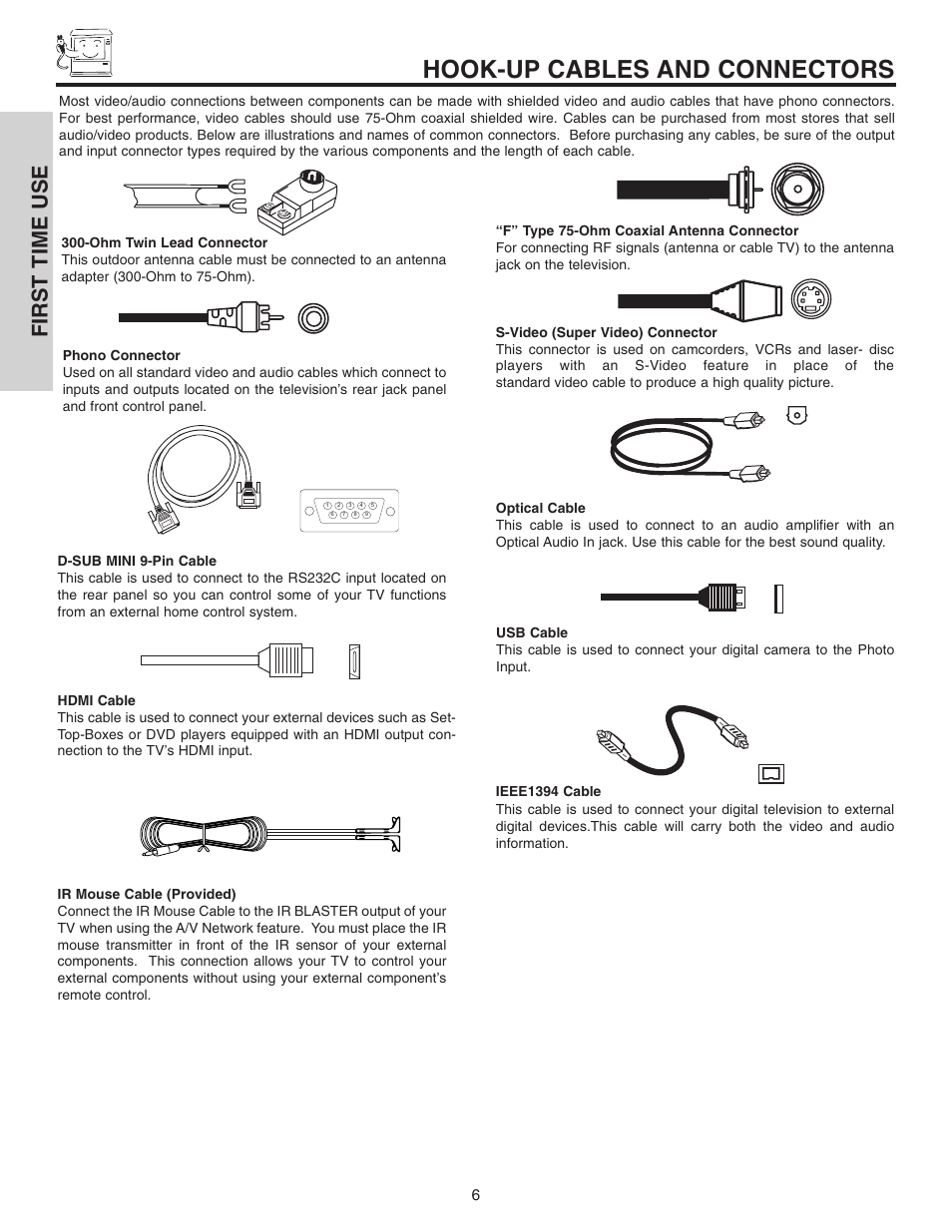 Hook-up cables and connectors, First time use | Hitachi 70VX915 User Manual | Page 6 / 92