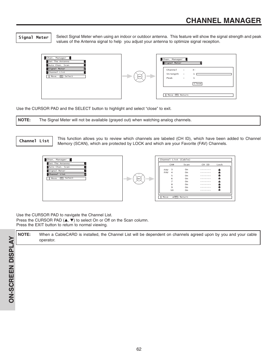 Channel manager, On-screen displa y | Hitachi 70VX915 User Manual | Page 62 / 92