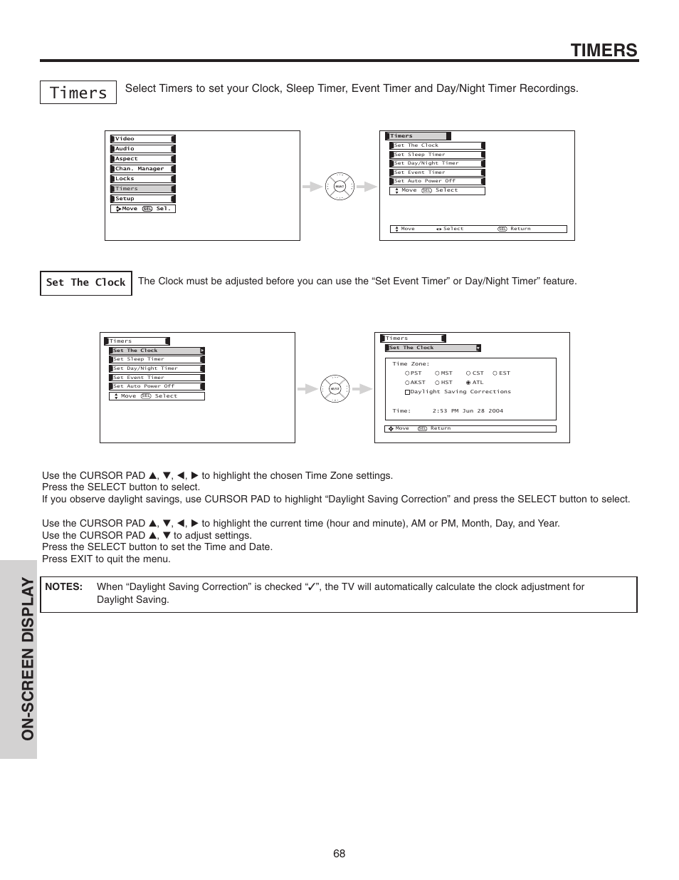 Timers, On-screen displa y, Set the clock | Hitachi 70VX915 User Manual | Page 68 / 92