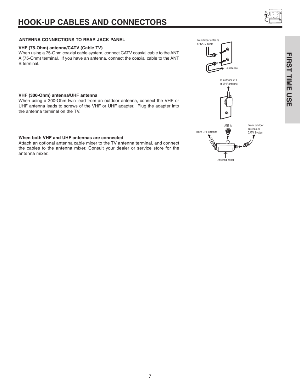 Hook-up cables and connectors, First time use | Hitachi 70VX915 User Manual | Page 7 / 92