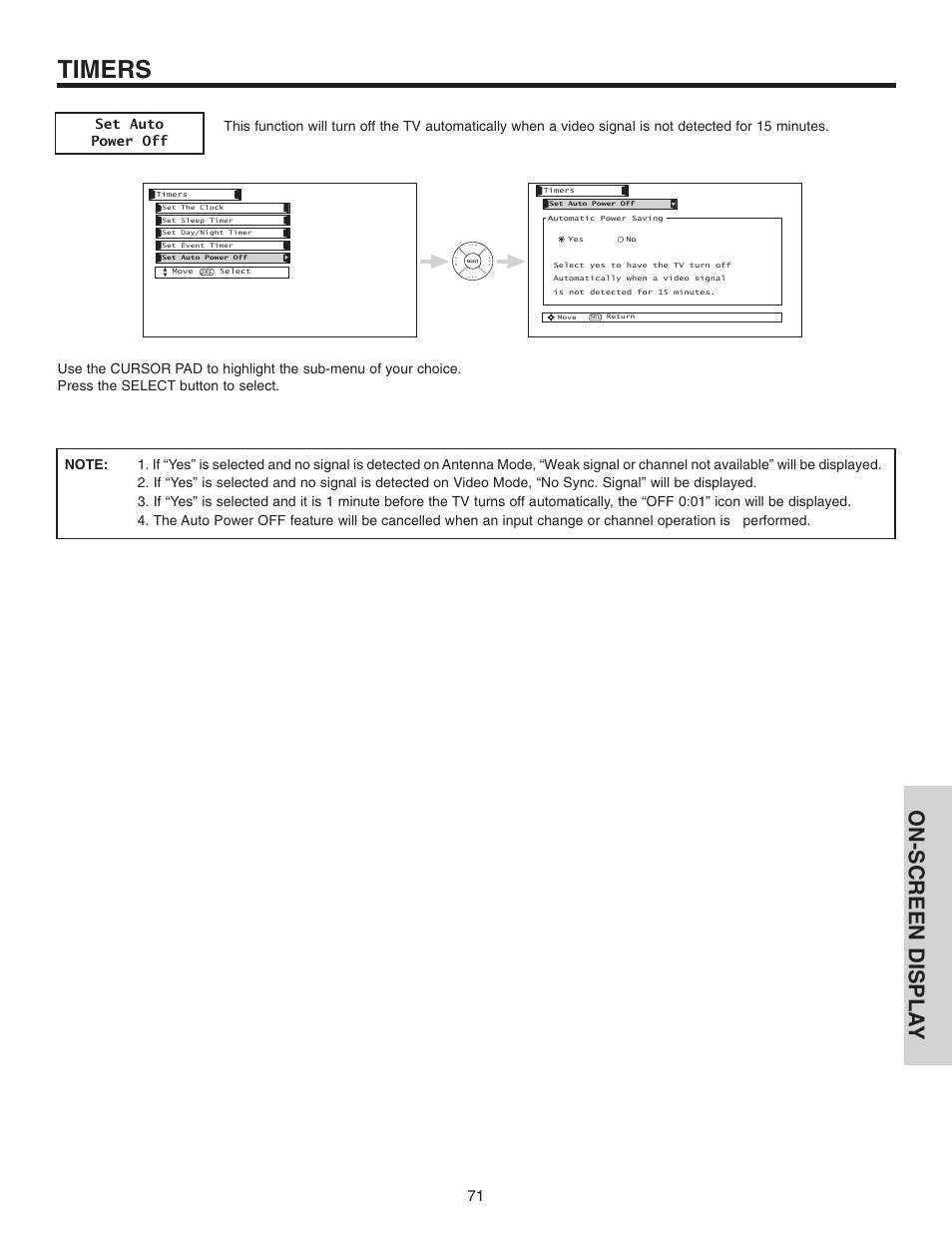 Timers, On-screen displa y | Hitachi 70VX915 User Manual | Page 71 / 92