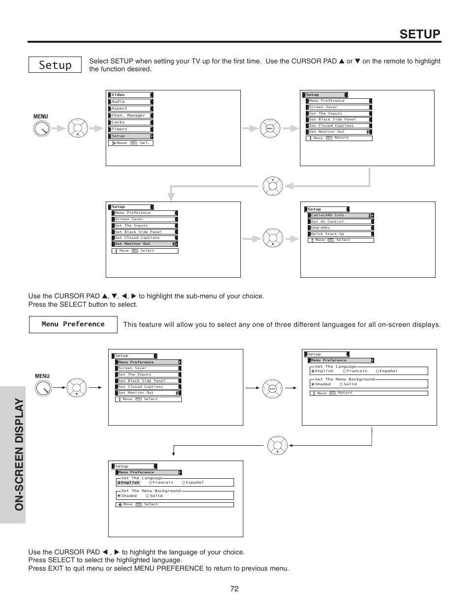 Setup, On-screen displa y | Hitachi 70VX915 User Manual | Page 72 / 92