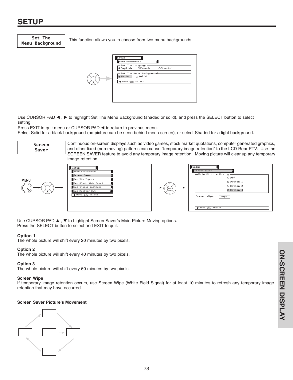Setup, On-screen displa y | Hitachi 70VX915 User Manual | Page 73 / 92