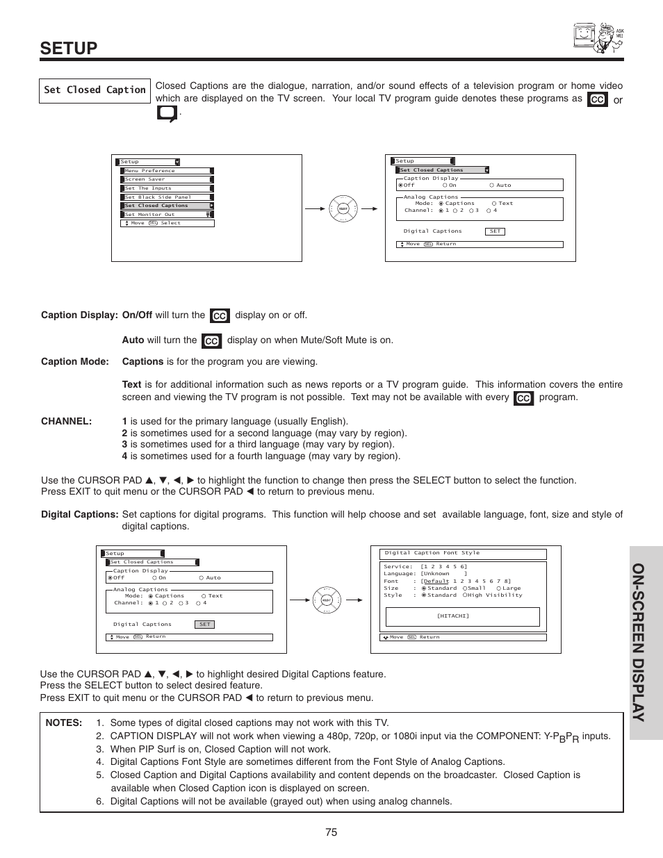 Setup, On-screen displa y, Set closed caption | Hitachi 70VX915 User Manual | Page 75 / 92