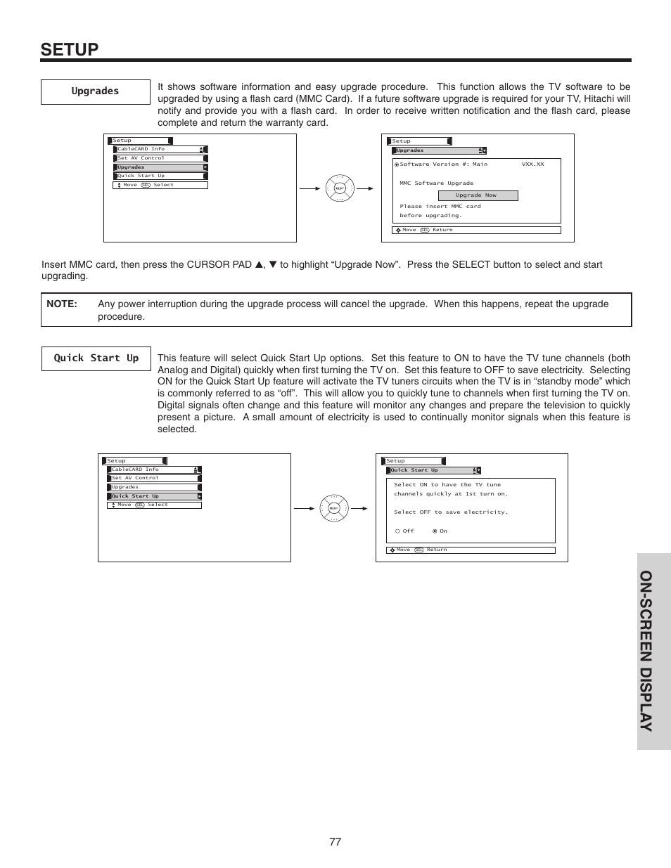 Setup, On-screen displa y | Hitachi 70VX915 User Manual | Page 77 / 92