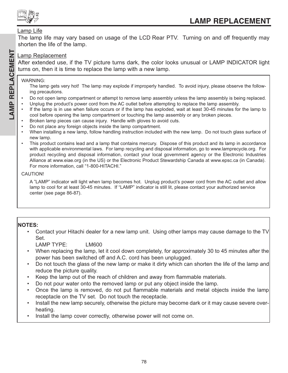 Lamp replacement | Hitachi 70VX915 User Manual | Page 78 / 92