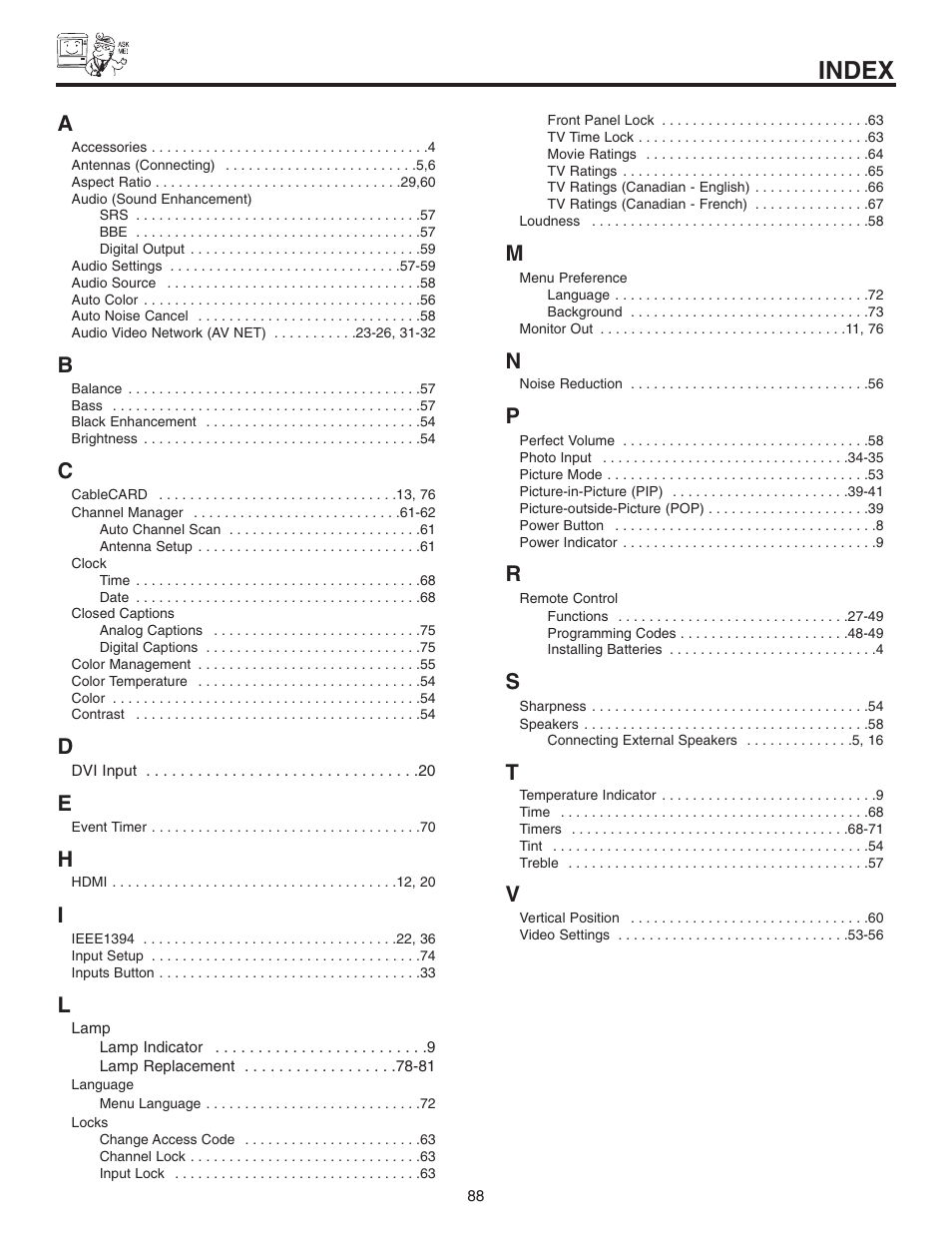 Index | Hitachi 70VX915 User Manual | Page 88 / 92