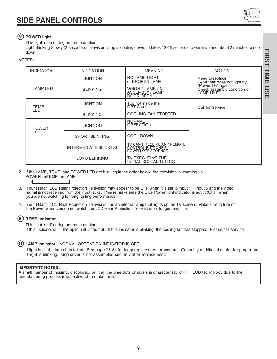 Side panel controls, First time use | Hitachi 70VX915 User Manual | Page 9 / 92