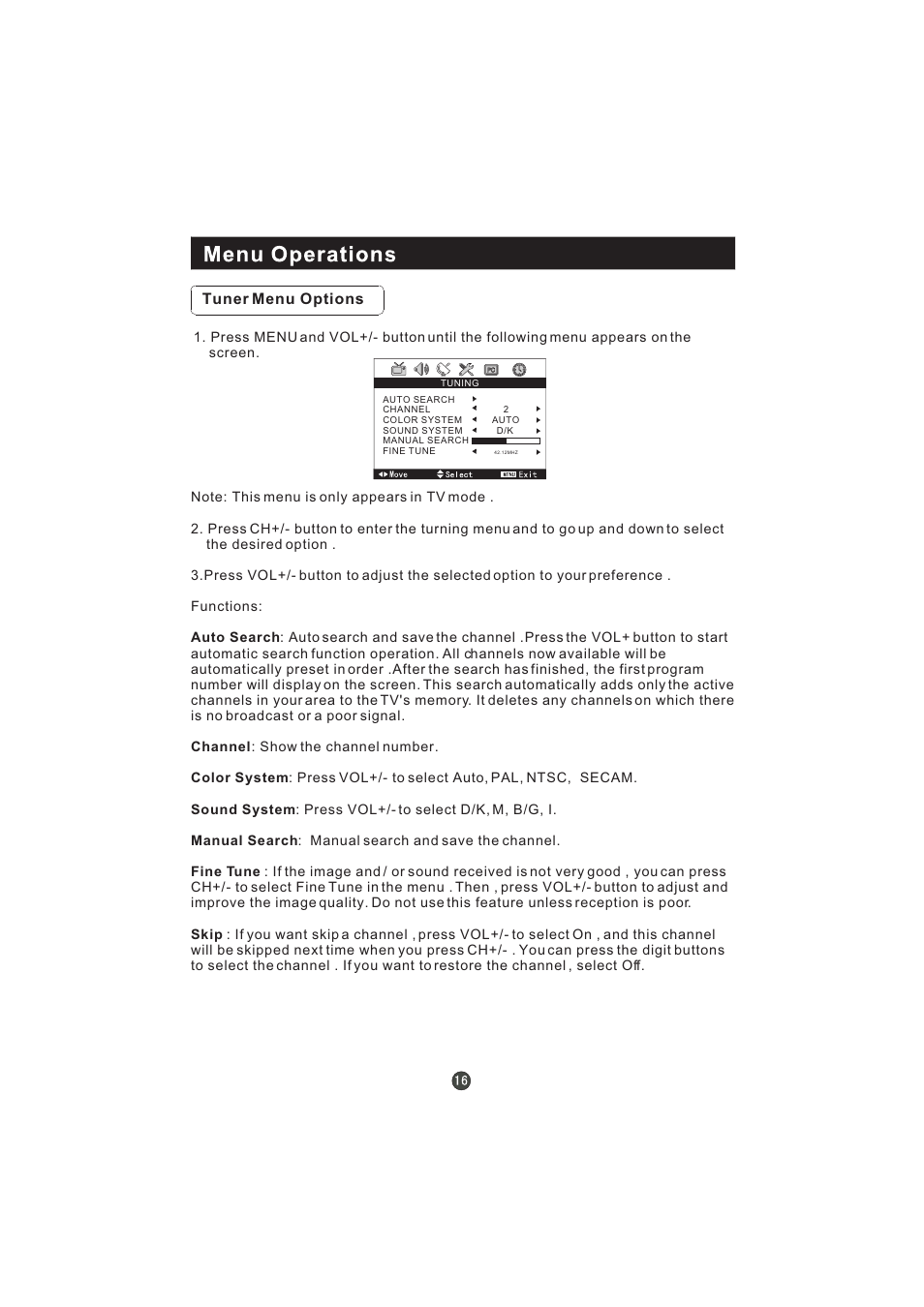 Tuner menu options | Hitachi L19T3W User Manual | Page 20 / 28