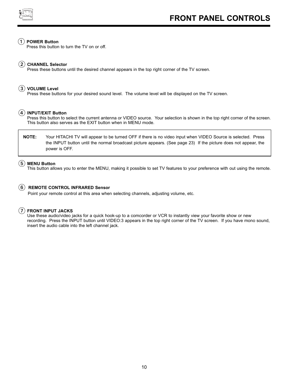 Front panel controls | Hitachi 32GX01B User Manual | Page 10 / 60