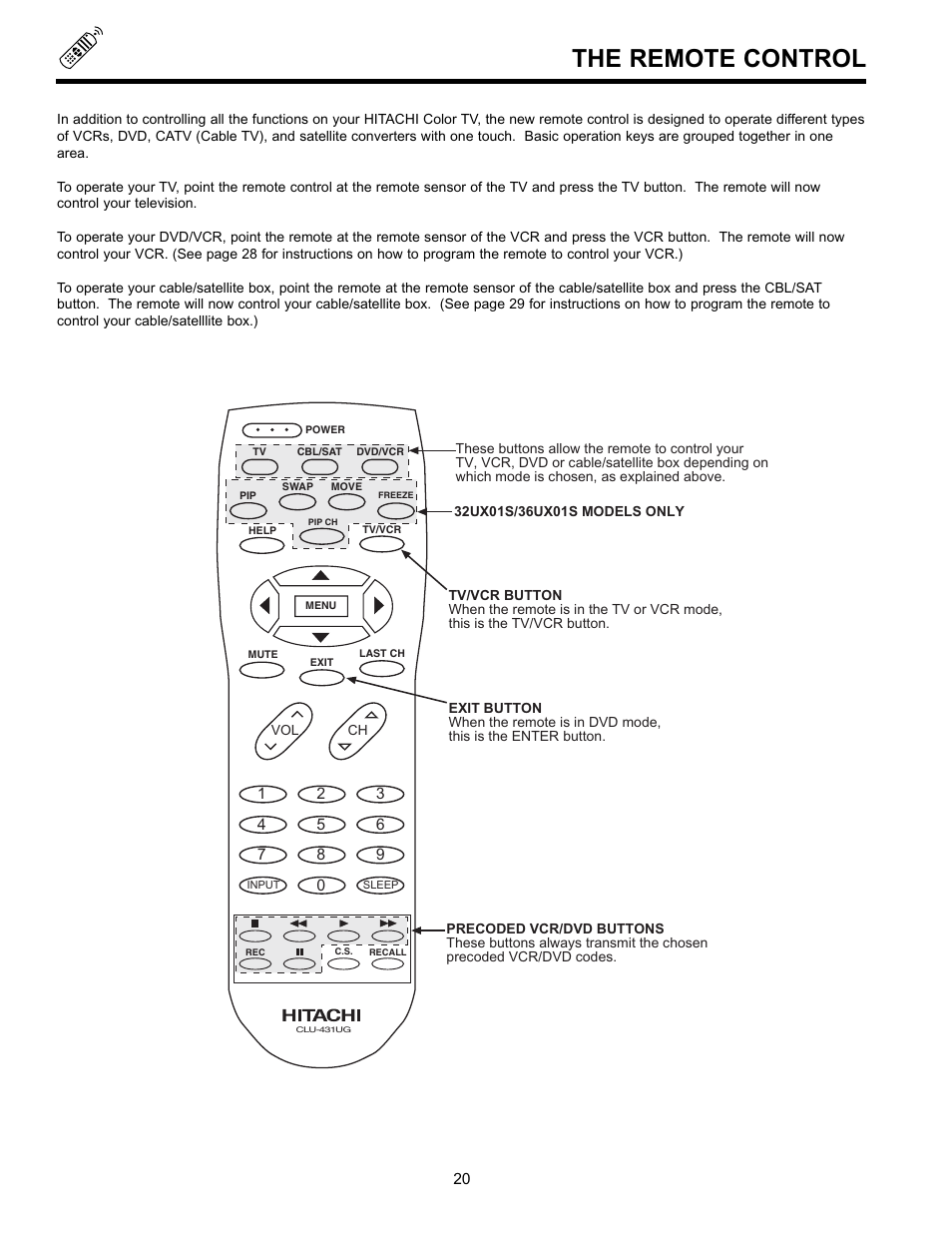 The remote control | Hitachi 32GX01B User Manual | Page 20 / 60