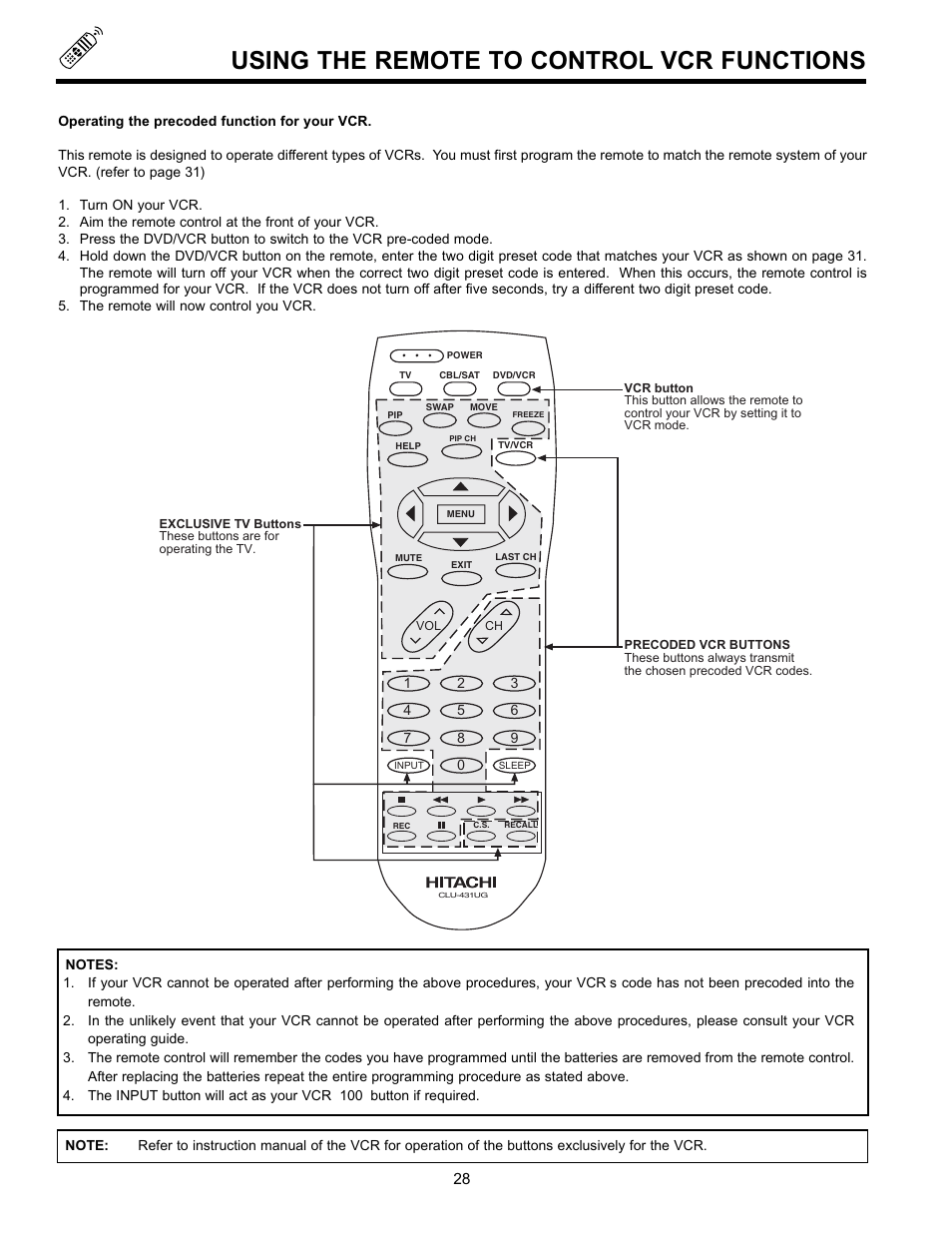 Using the remote to control vcr functions | Hitachi 32GX01B User Manual | Page 28 / 60