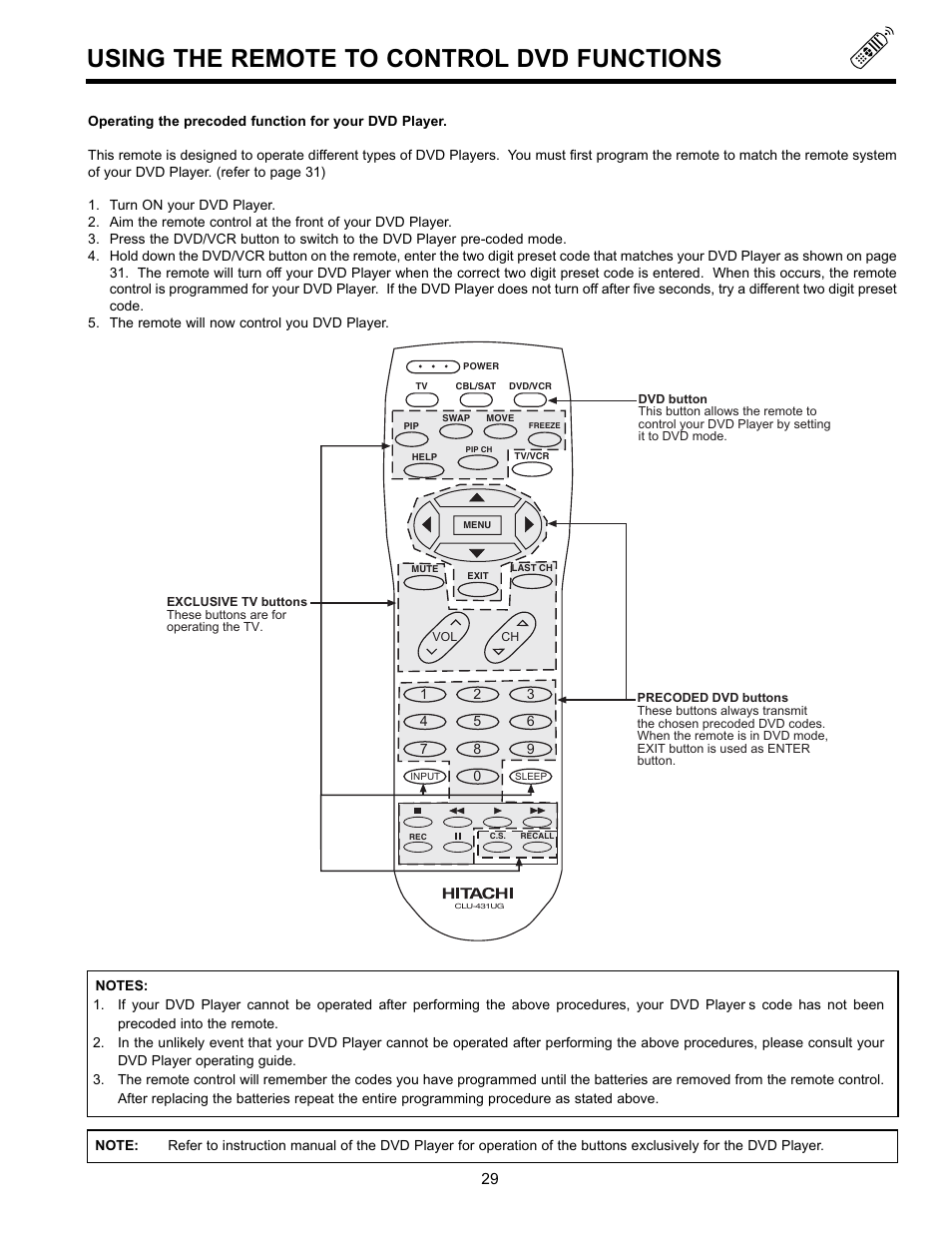 Using the remote to control dvd functions | Hitachi 32GX01B User Manual | Page 29 / 60
