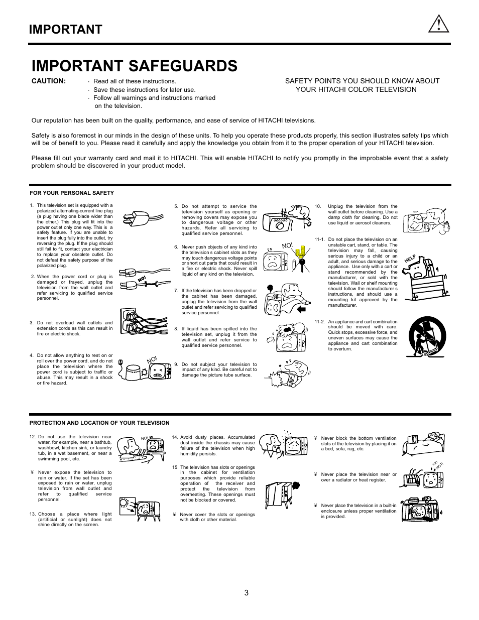 Important safeguards, Important, Caution | Safety points you should know about, Your hitachi color television | Hitachi 32GX01B User Manual | Page 3 / 60