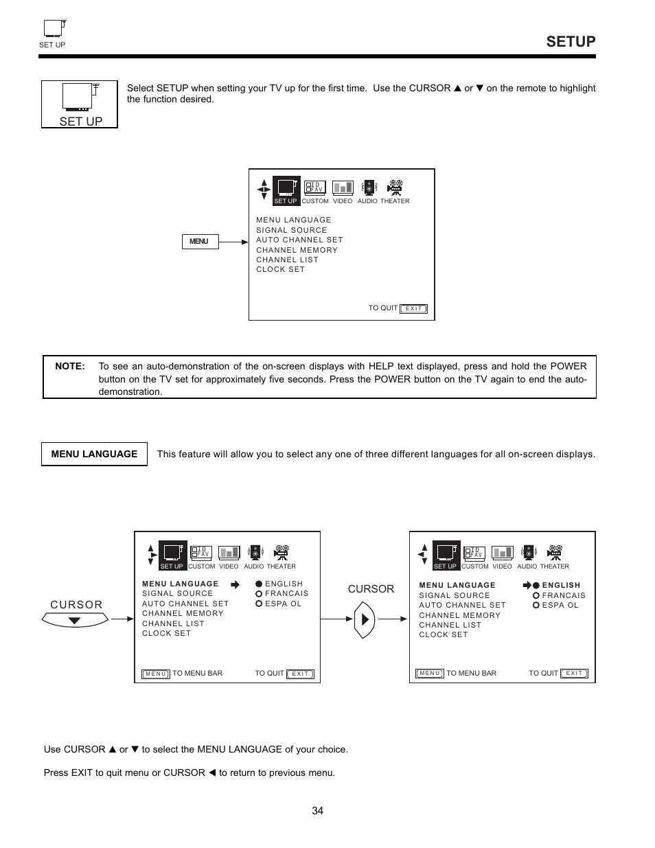 Setup, Set up | Hitachi 32GX01B User Manual | Page 34 / 60