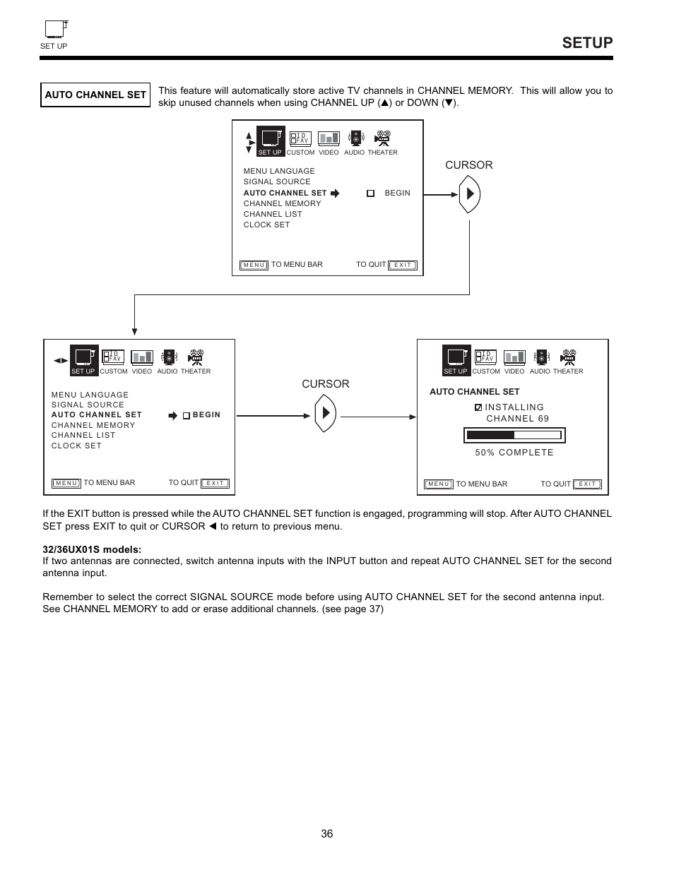 Setup, Cursor | Hitachi 32GX01B User Manual | Page 36 / 60