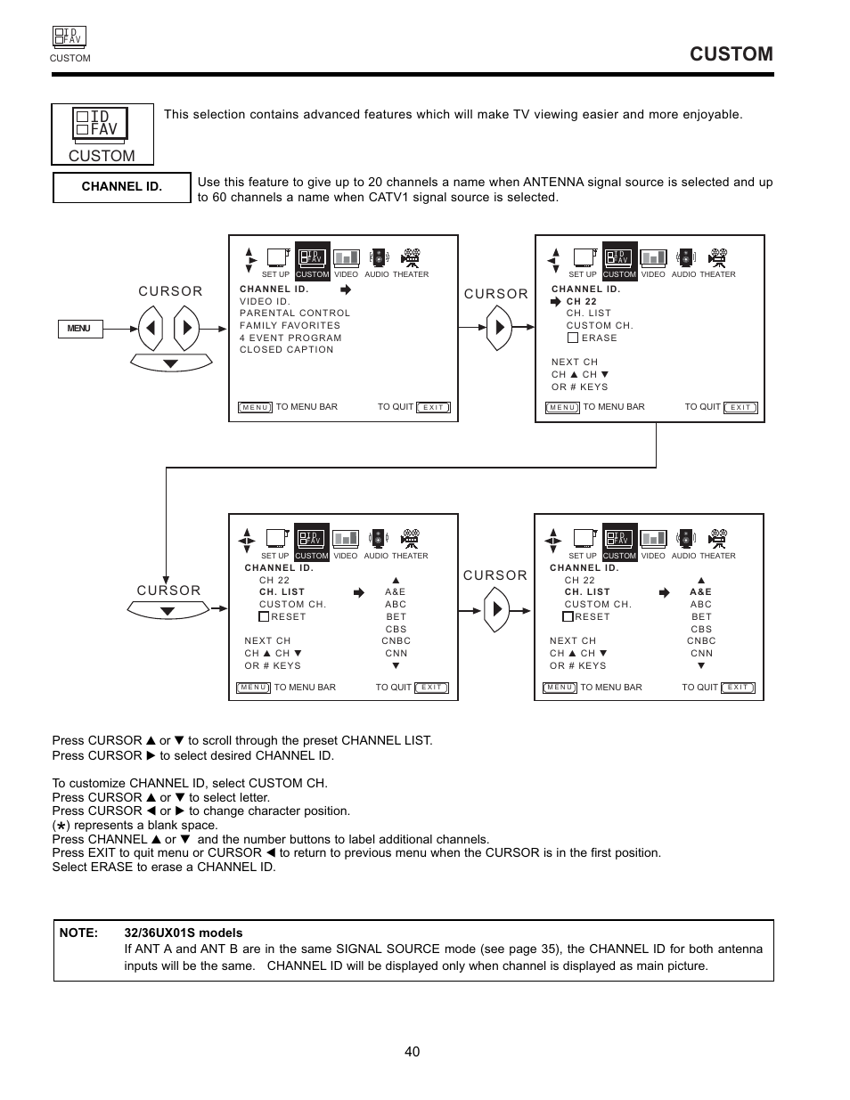 Custom, Custom fav id | Hitachi 32GX01B User Manual | Page 40 / 60