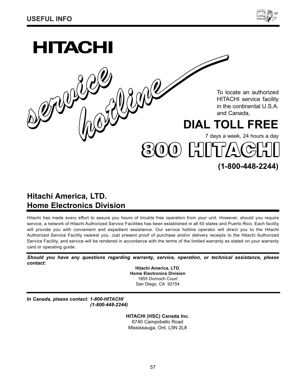Service ser vic e, 800 hitachi | Hitachi 32GX01B User Manual | Page 57 / 60