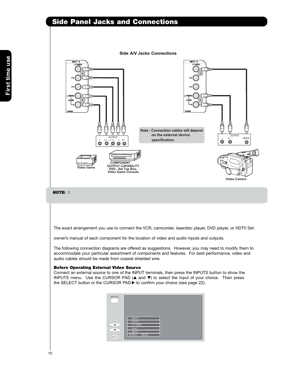 Side panel jacks and connections, First time use, Side a/v jacks connections | Hitachi 50C20A User Manual | Page 10 / 80