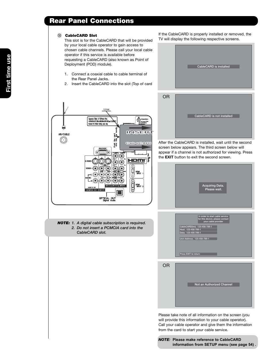 Rear panel connections, First time use | Hitachi 50C20A User Manual | Page 12 / 80