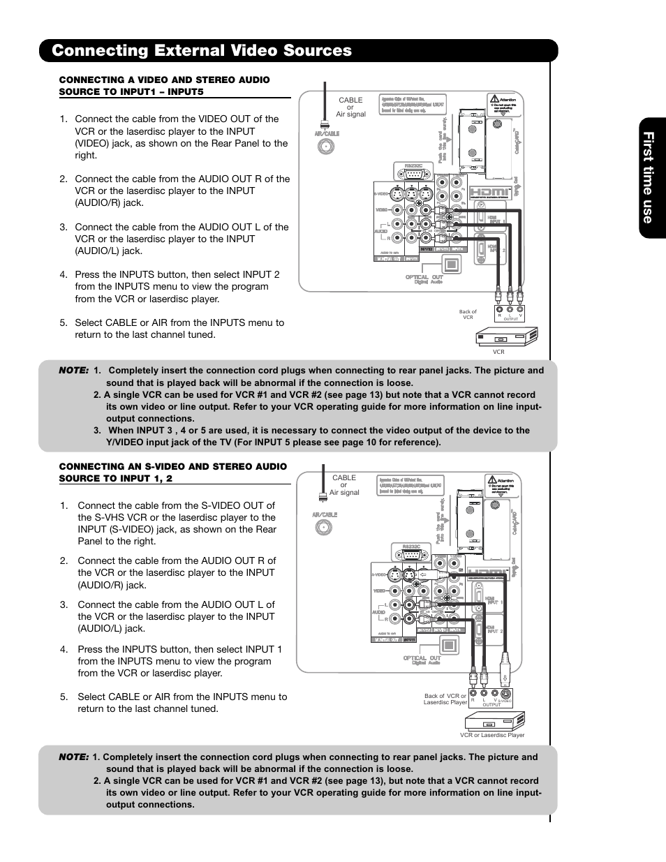 Connecting external video sources, First time use | Hitachi 50C20A User Manual | Page 15 / 80