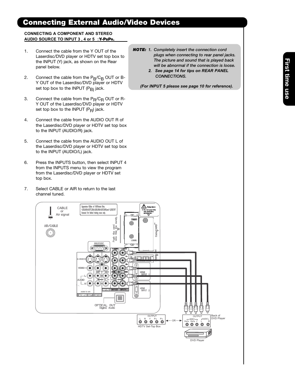 Connecting external audio/video devices, First time use | Hitachi 50C20A User Manual | Page 17 / 80