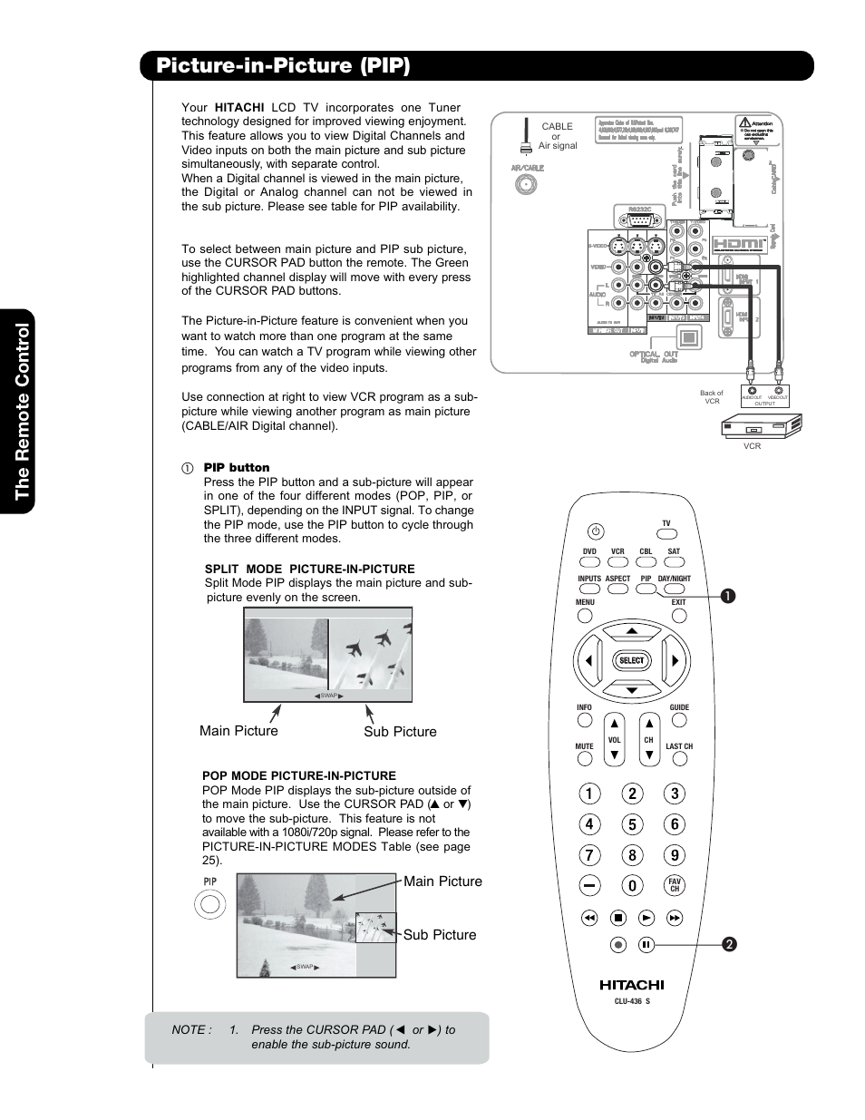 Picture-in-picture (pip), The remote contr ol, Main picture sub picture main picture sub picture | Hitachi 50C20A User Manual | Page 24 / 80