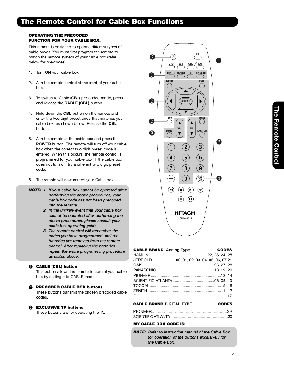 The remote control for cable box functions, The remote contr ol | Hitachi 50C20A User Manual | Page 27 / 80