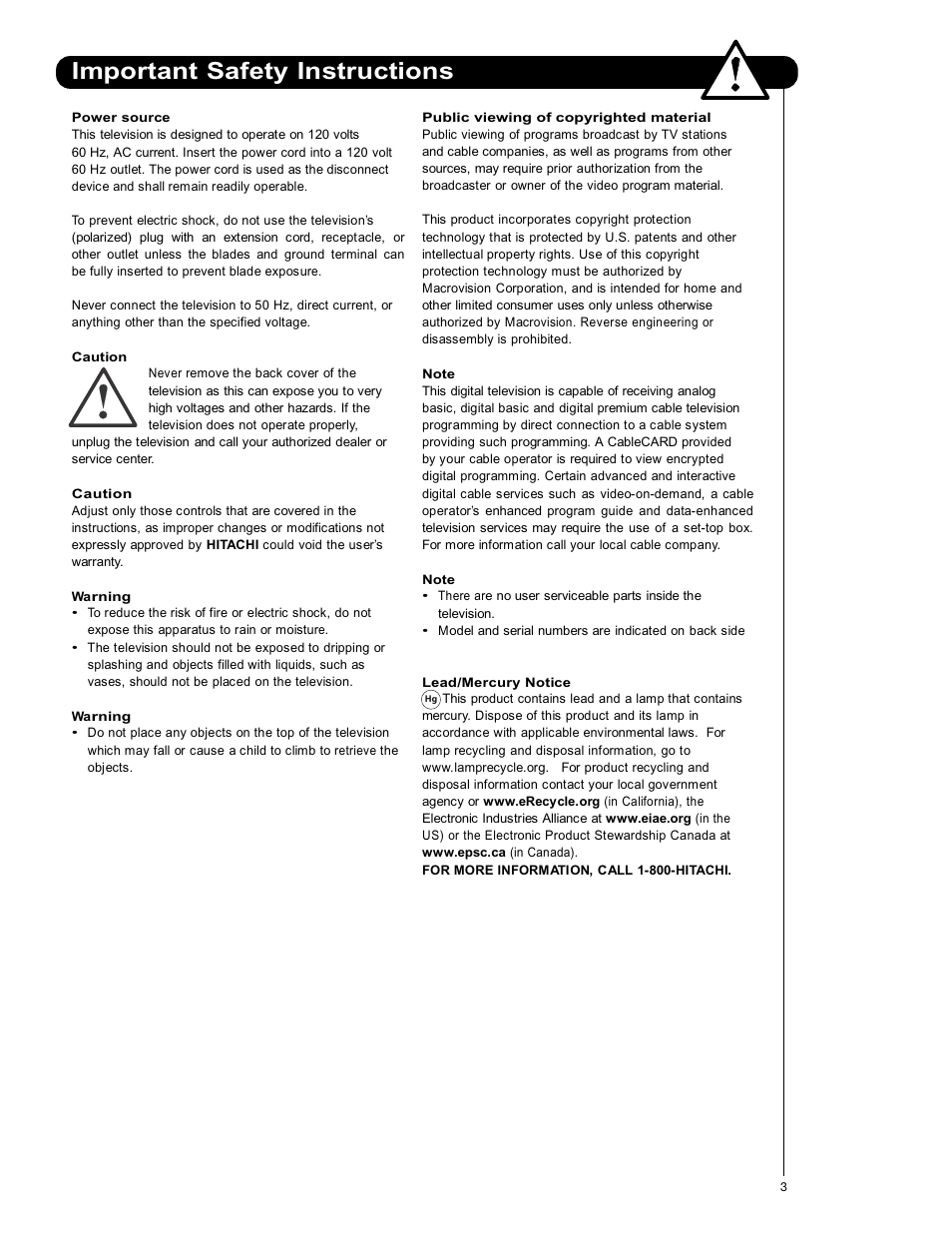Important safety instructions | Hitachi 50C20A User Manual | Page 3 / 80