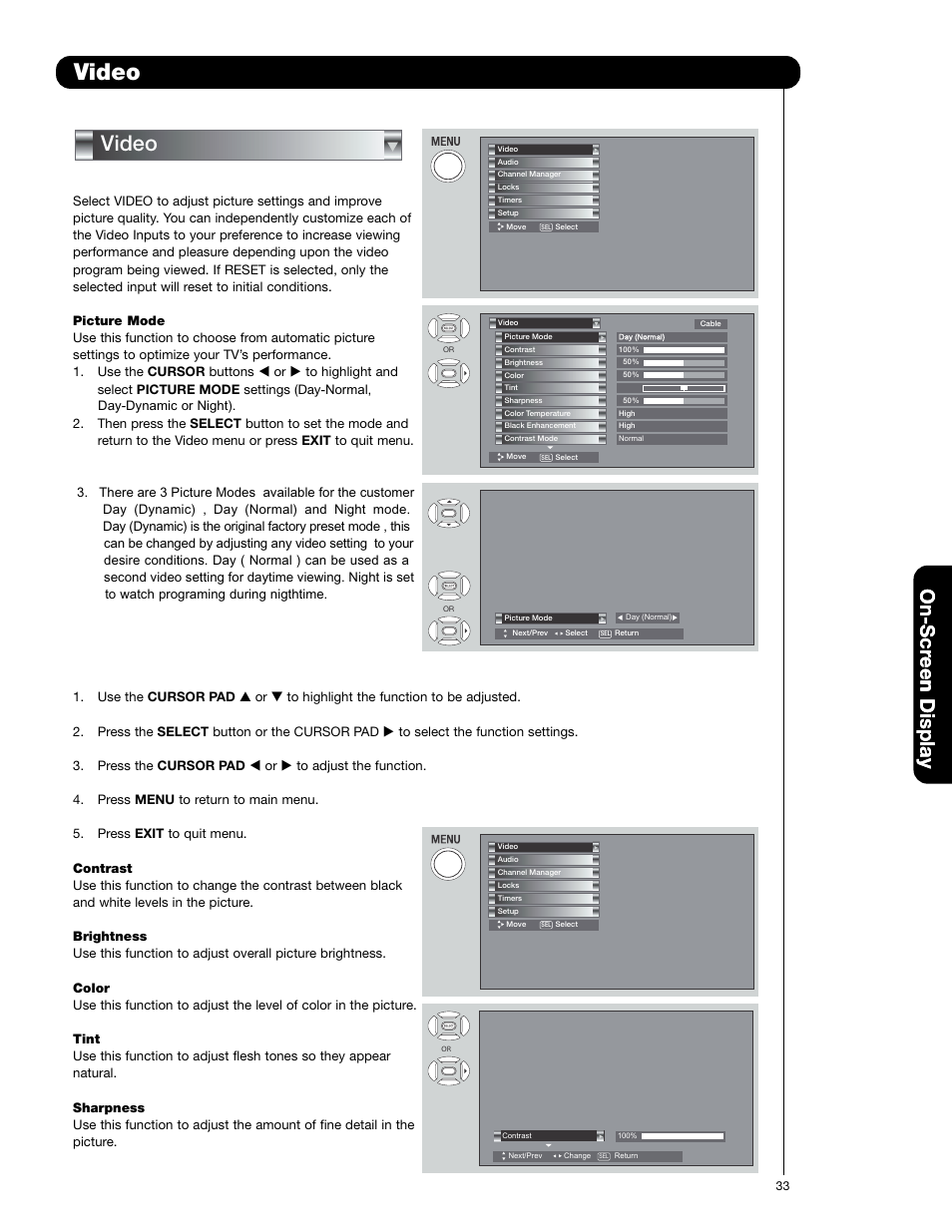 Video, On-scr een display | Hitachi 50C20A User Manual | Page 33 / 80