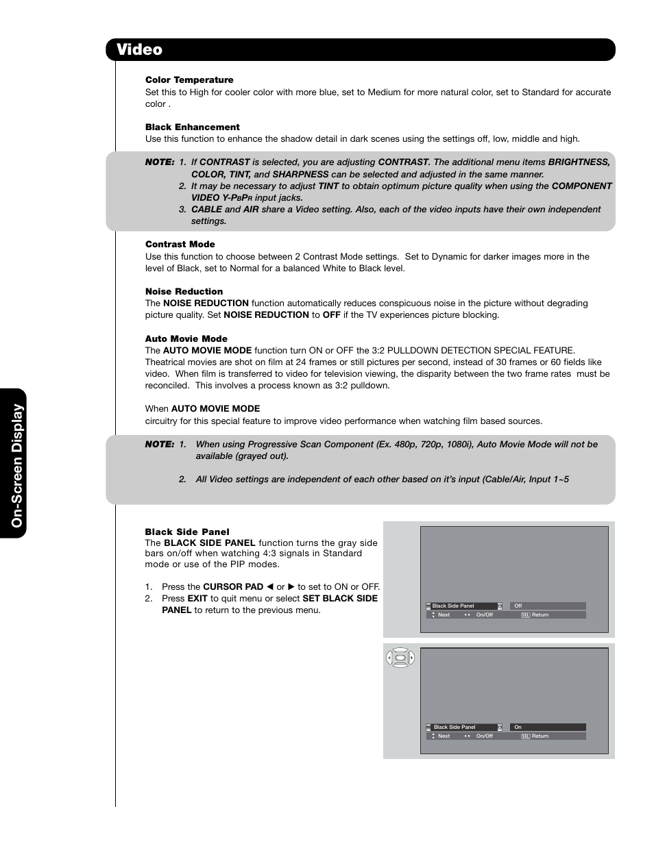 Video, On-scr een display | Hitachi 50C20A User Manual | Page 34 / 80