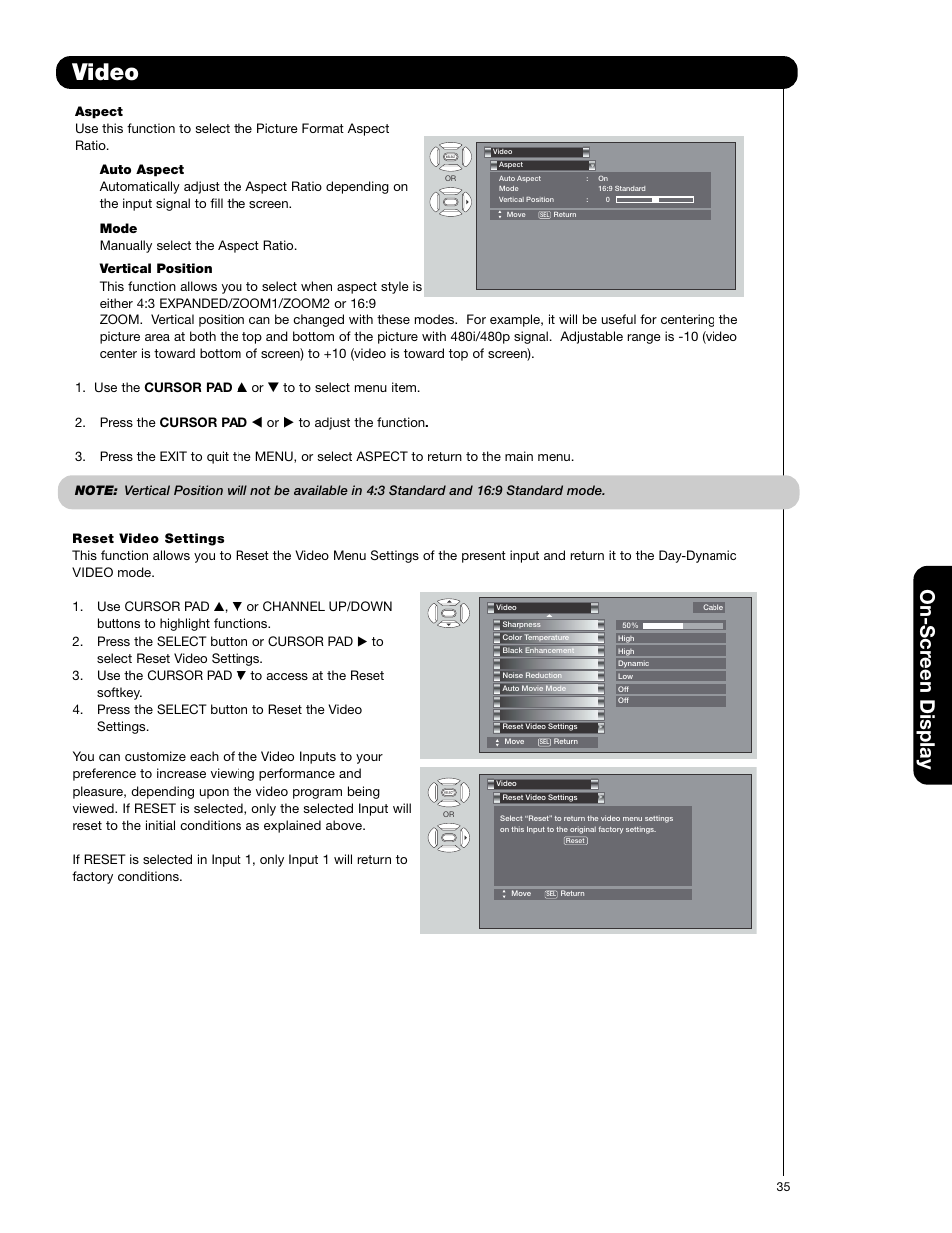 Video, On-scr een display | Hitachi 50C20A User Manual | Page 35 / 80