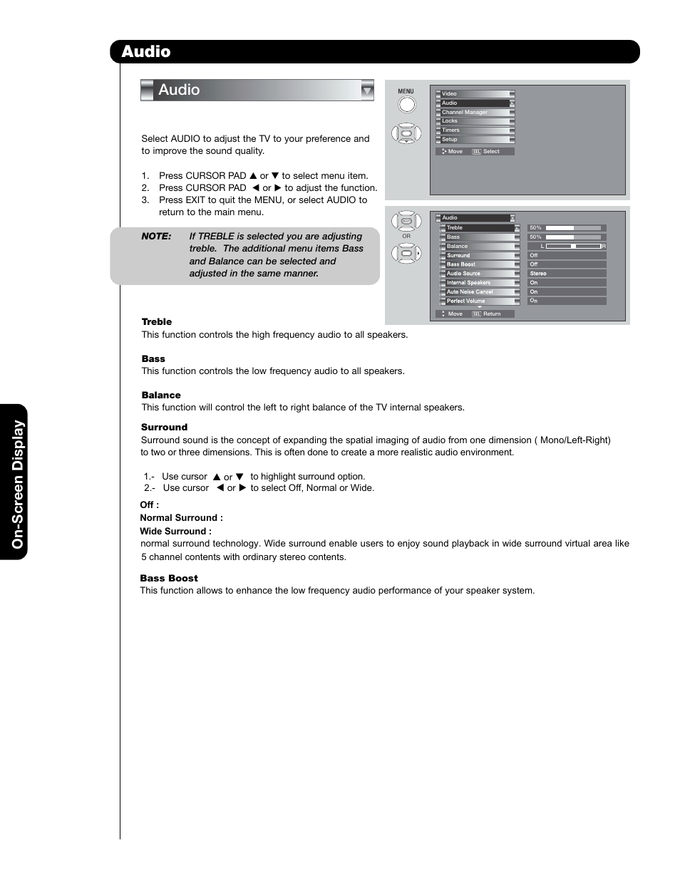 Audio, On-scr een display | Hitachi 50C20A User Manual | Page 36 / 80