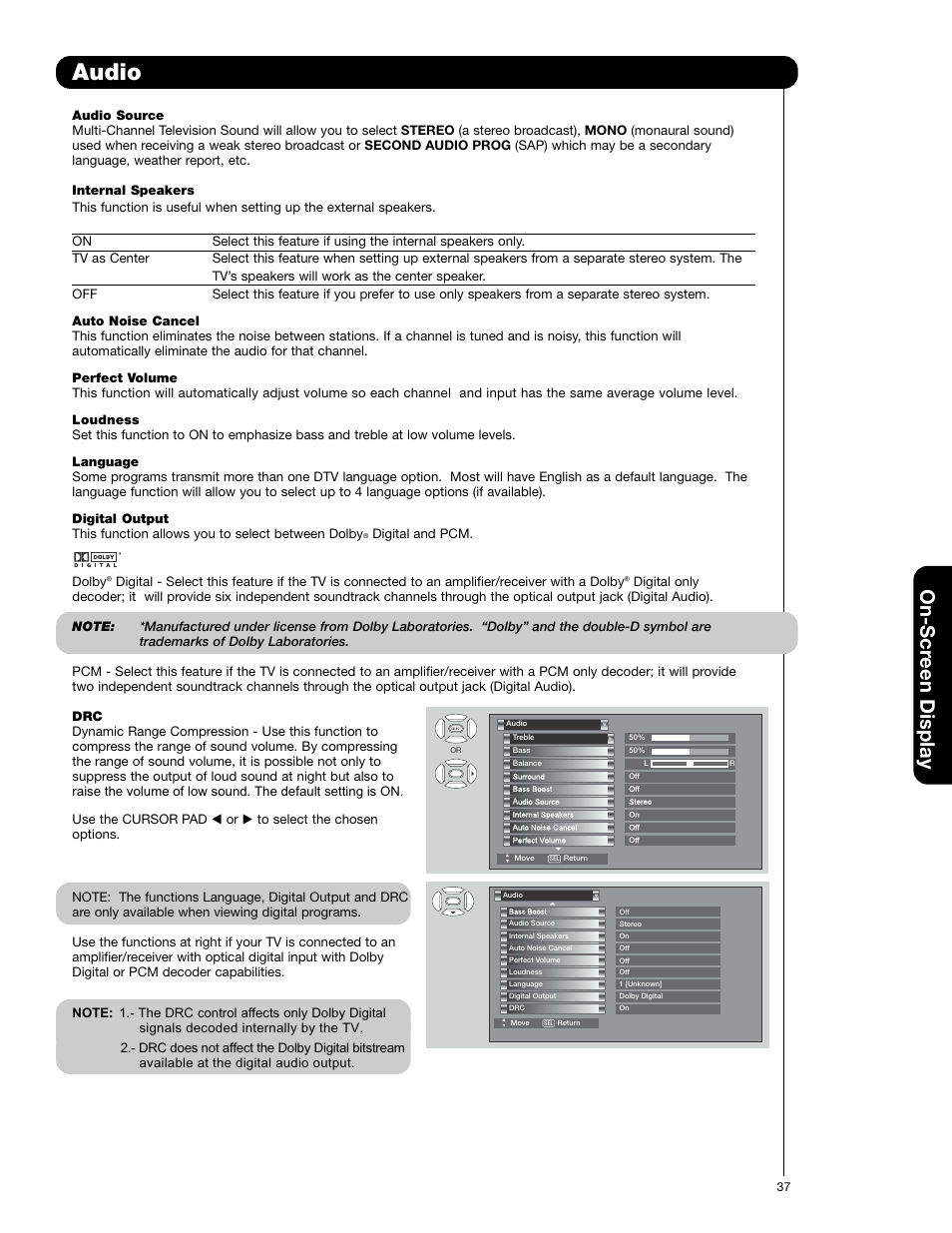 Audio, On-scr een display | Hitachi 50C20A User Manual | Page 37 / 80