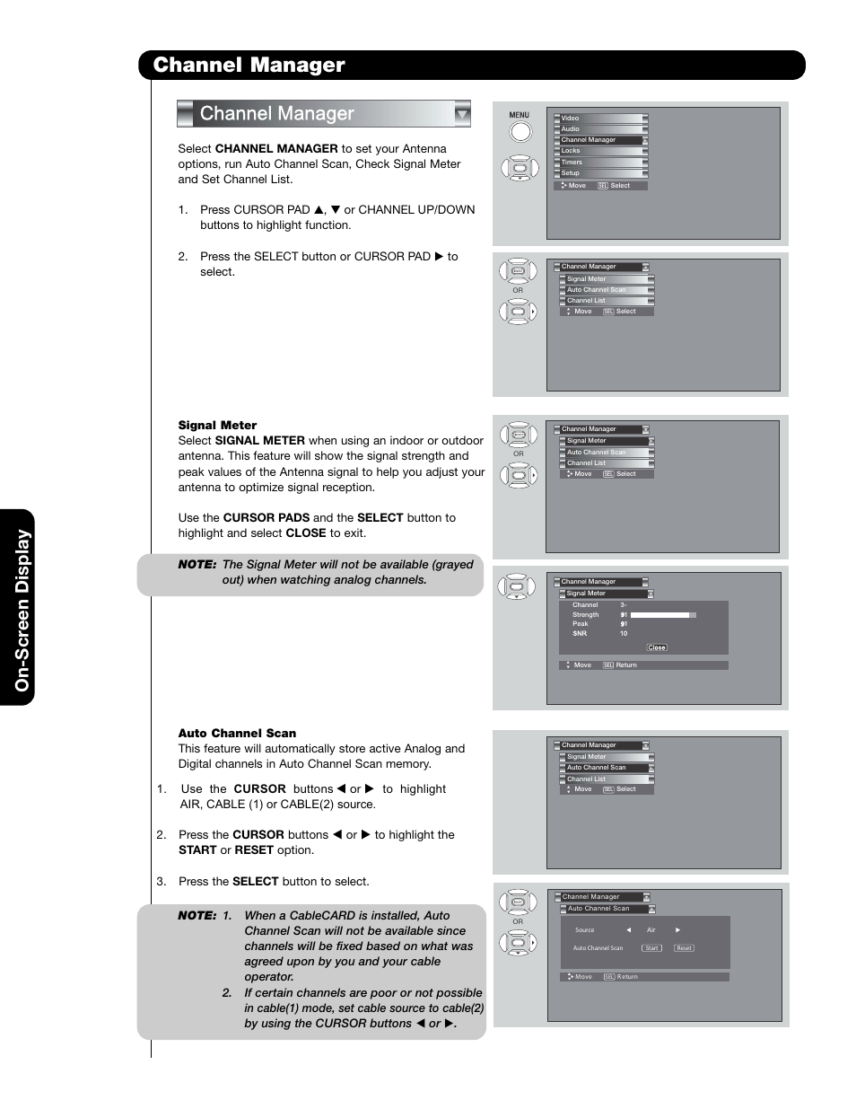 Channel manager, On-scr een display | Hitachi 50C20A User Manual | Page 38 / 80