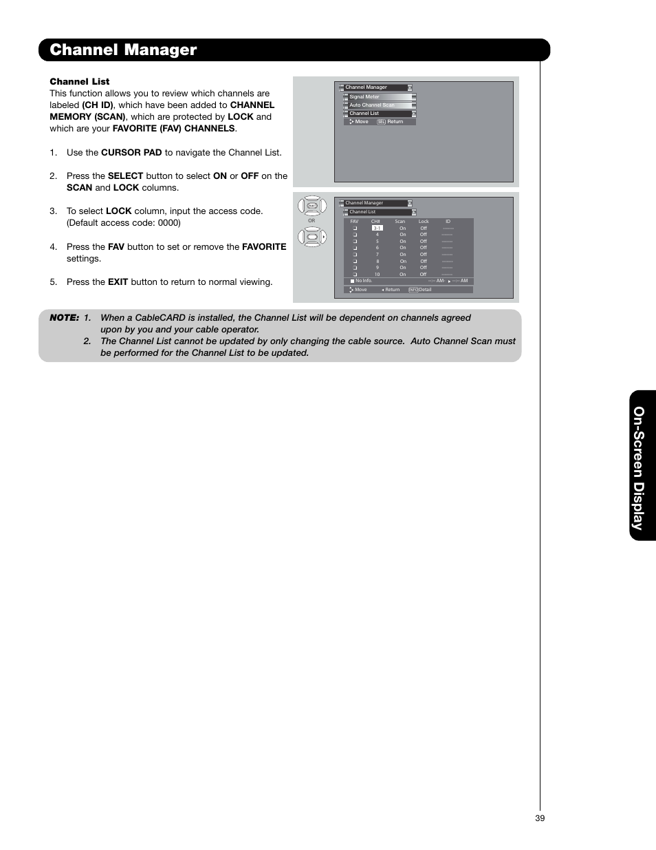 Channel manager, On-scr een display | Hitachi 50C20A User Manual | Page 39 / 80