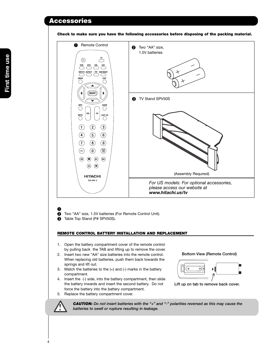 Accessories, First time use | Hitachi 50C20A User Manual | Page 4 / 80