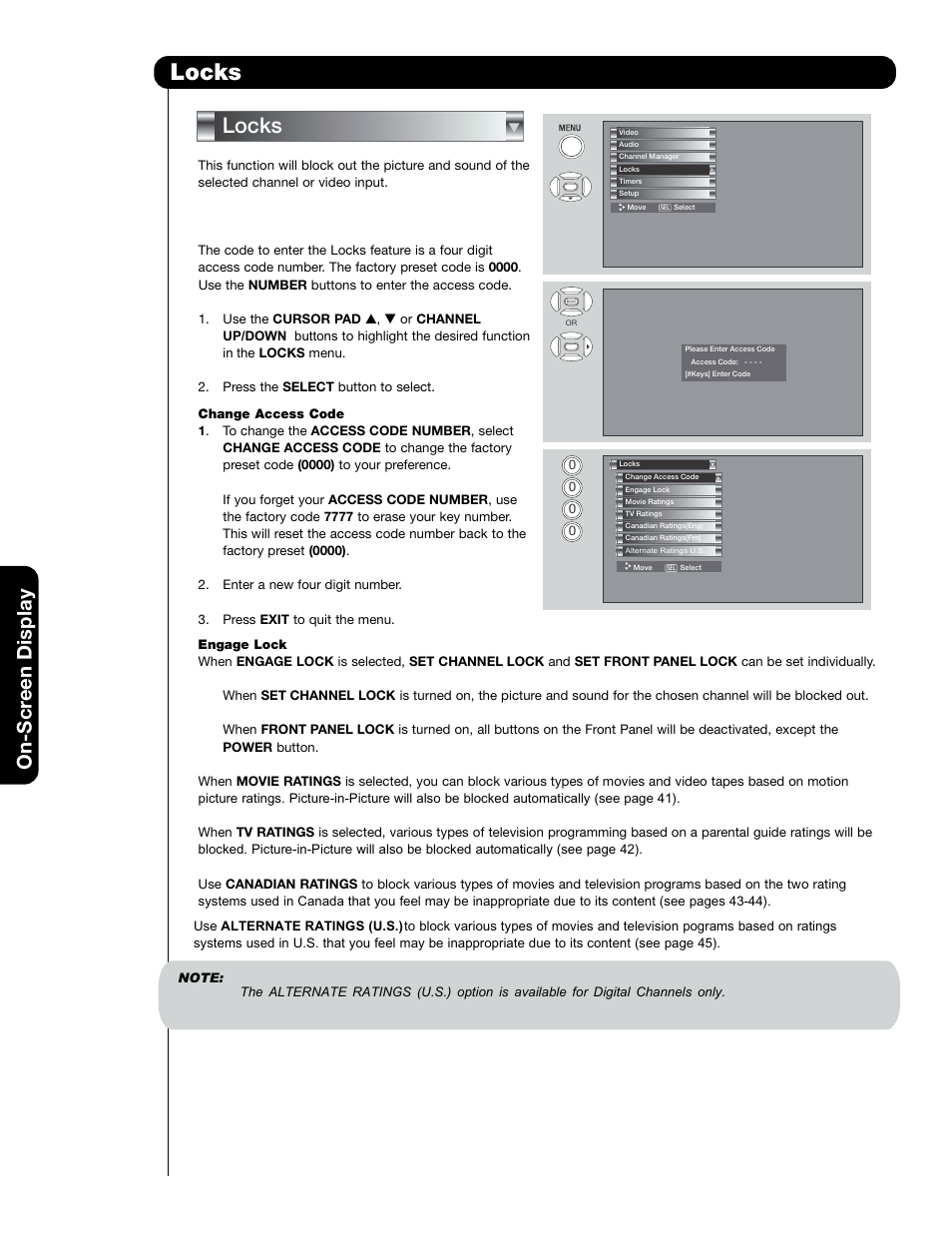 Locks, On-scr een display | Hitachi 50C20A User Manual | Page 40 / 80