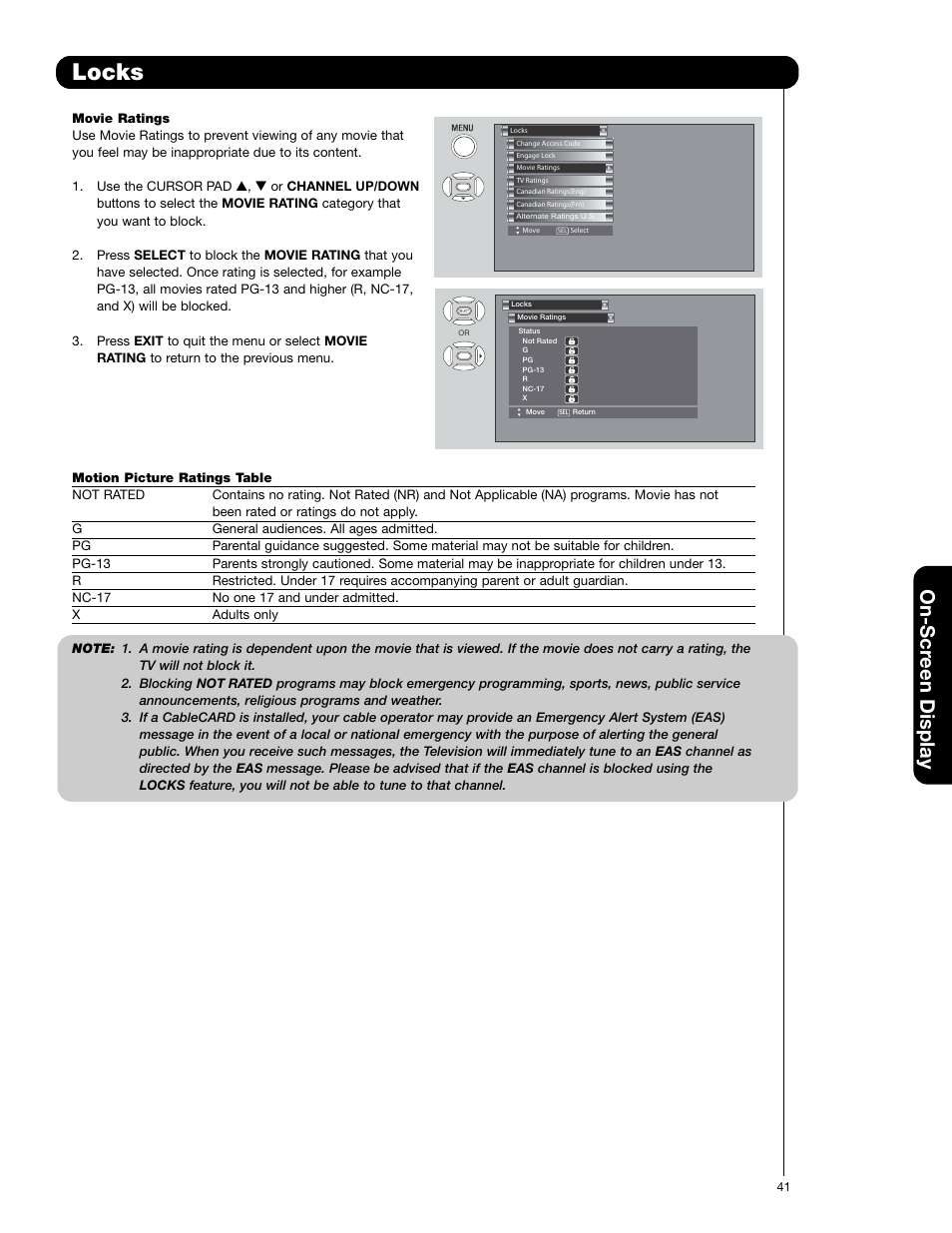 Locks, On-scr een display | Hitachi 50C20A User Manual | Page 41 / 80