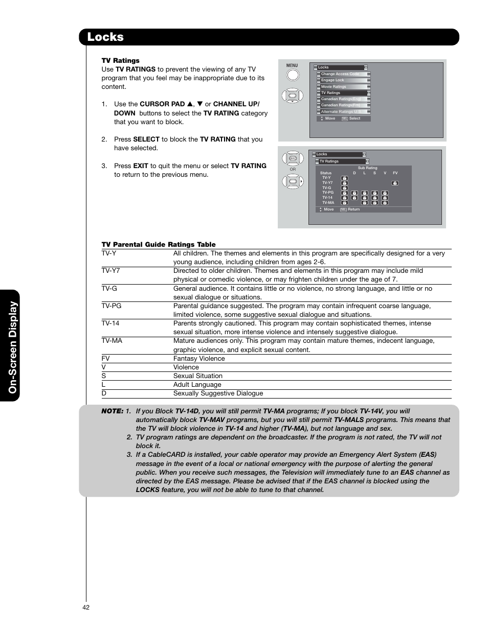 Locks, On-scr een display | Hitachi 50C20A User Manual | Page 42 / 80