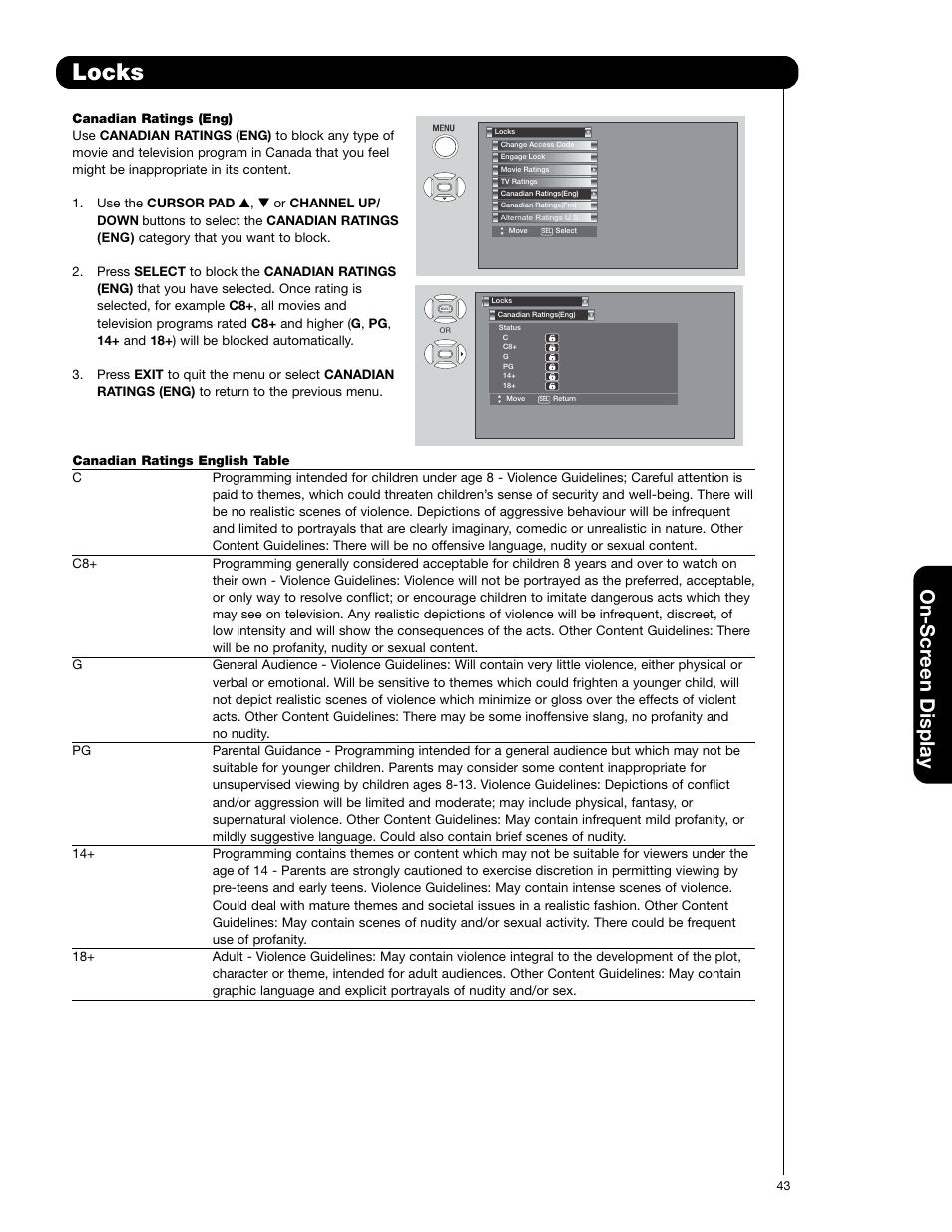 Locks, On-scr een display | Hitachi 50C20A User Manual | Page 43 / 80