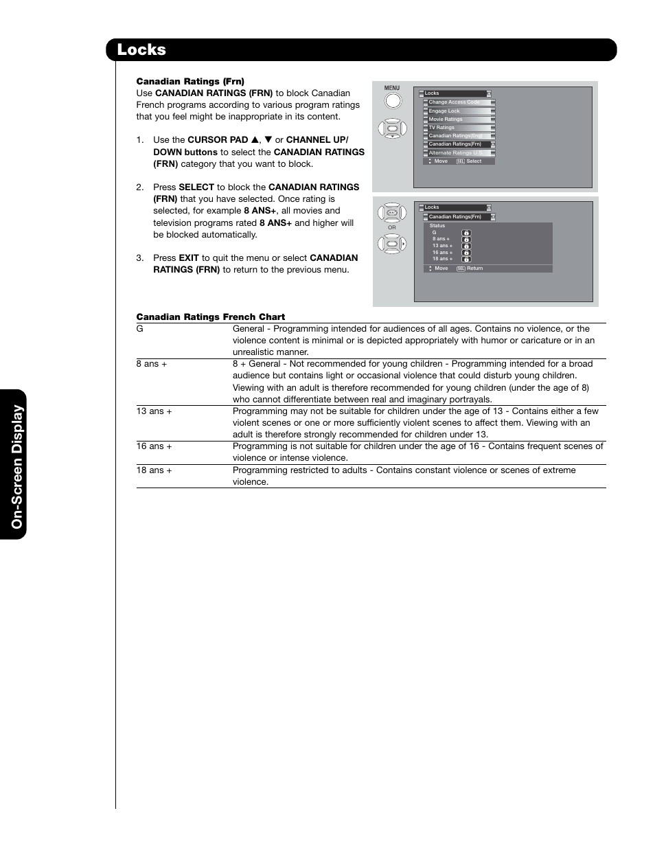 Locks, On-scr een display | Hitachi 50C20A User Manual | Page 44 / 80